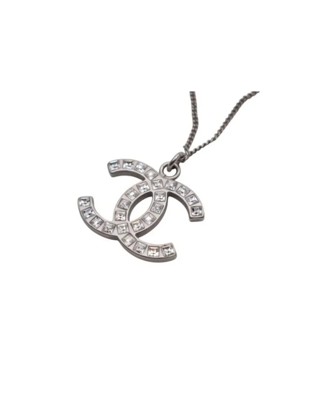 Chanel CC Logo Square Rhinestone Necklace 09 50 Silver Metal